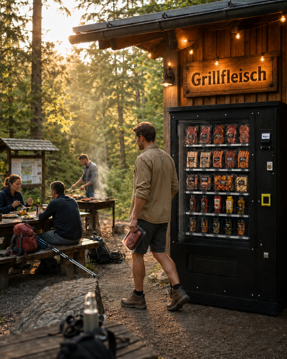 Grillfleischautomat im Freien mit Grillszene