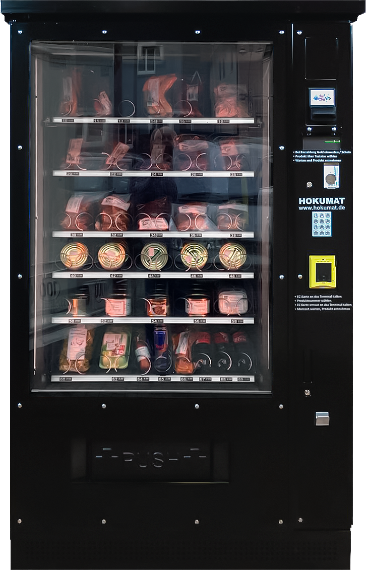 HOKUMAT Verkaufsautomat fuer Metzgereien, bestueckt mit Grillfleisch, Wuerstchen, Speck und Dosenfleisch